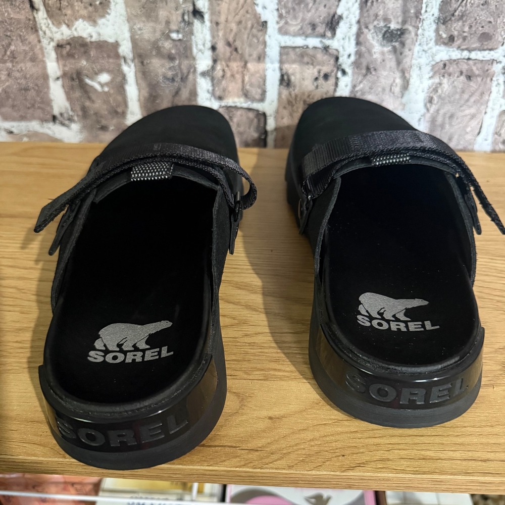SOREL Viibe Women 10.5 Black Suede Platform Clog Gorpcore Slip On Top Strap - Picture 3 of 6